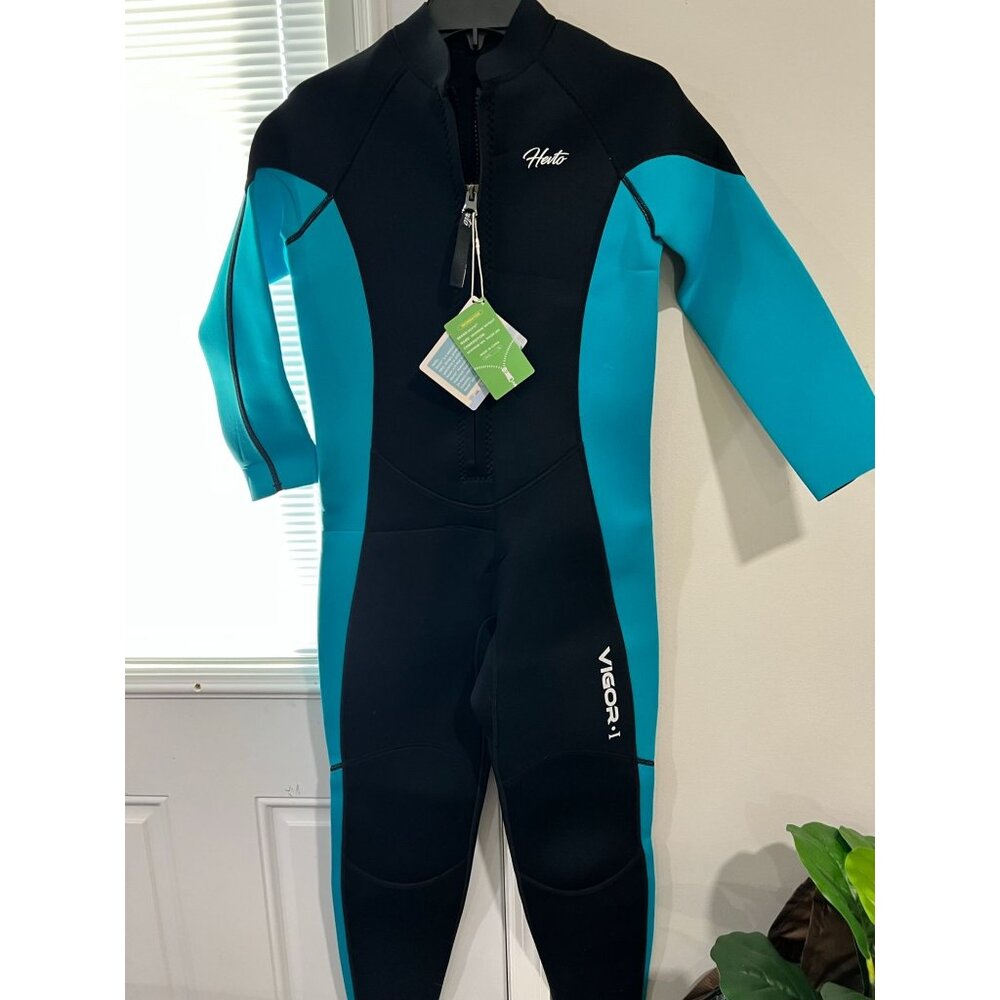 Kids' Wet Suit, long sleeve,Teal & Black One-Piece Swimsuit front zipper
